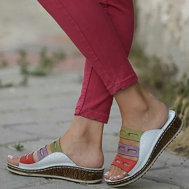 Women's Sandals Boho Bohemia Beach Wedge Sandals Outdoor Slippers Outdoor Daily Beach Summer Spring Wedge Heel Open Toe Classic Casual Faux Leather Loafer Color Block White Red Blue