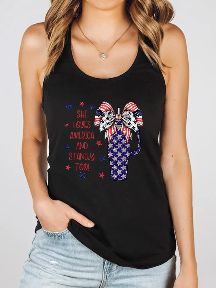 Women'S She Loues America And Stanley Too Print Round-Necked Sleeveless Vest