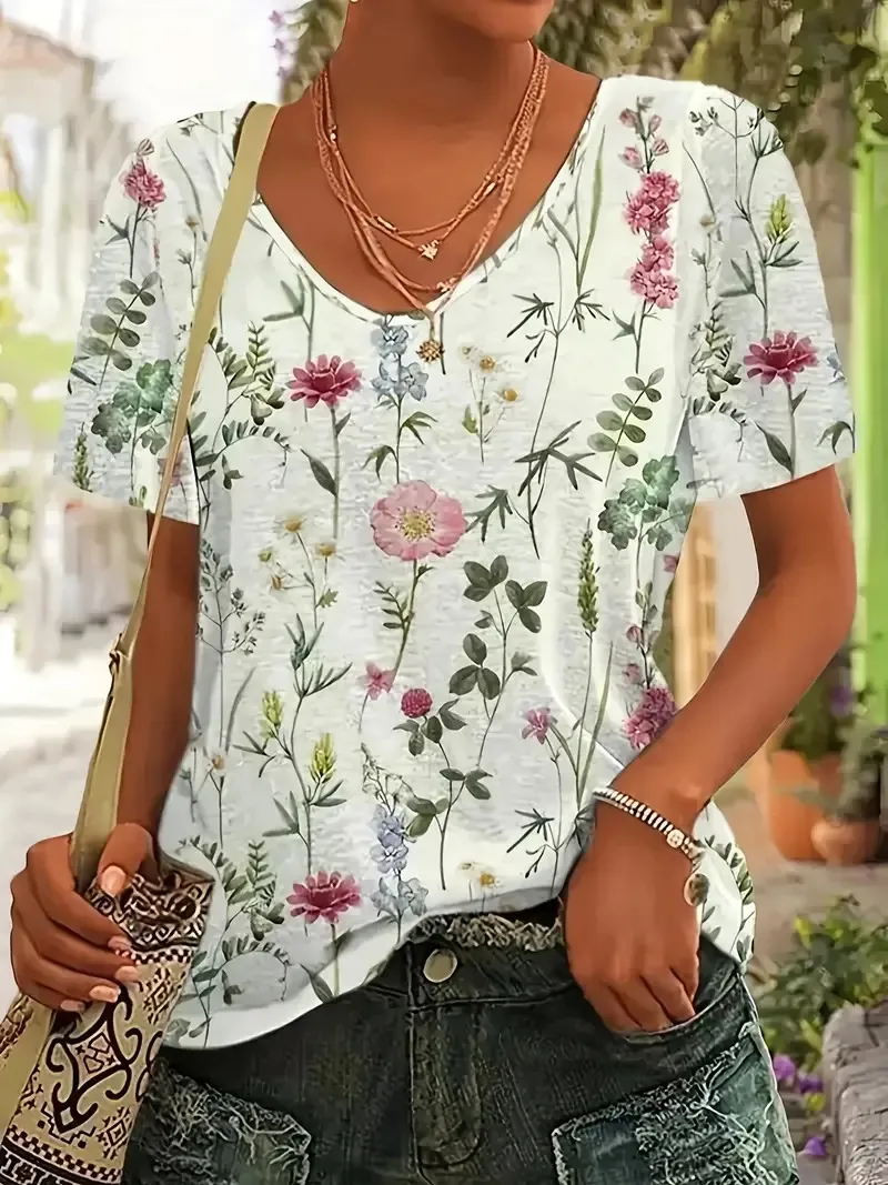 Women's Casual Floral Print Short Sleeve V Neck T-Shirt