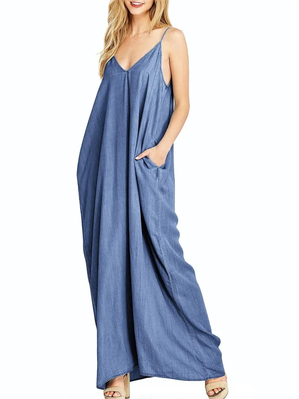 Navy Blue Pocketed Spaghetti - Strap Dress