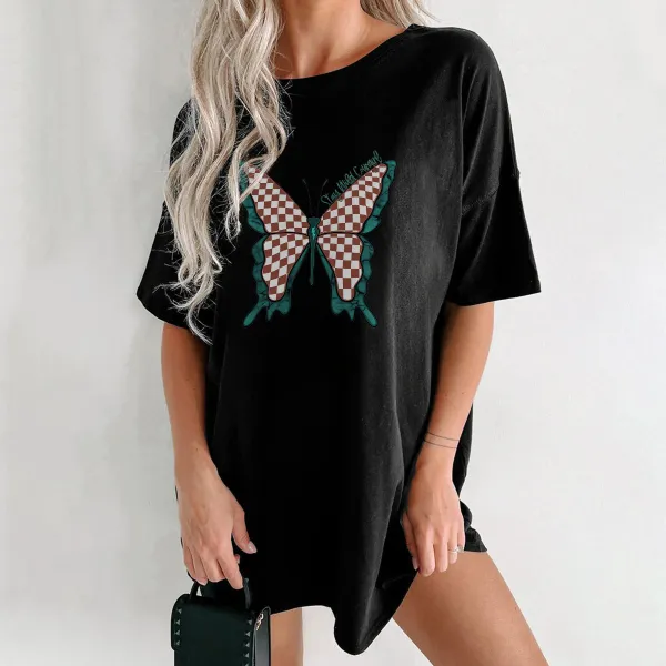 Red And White Checkerboard Butterfly T-Shirt