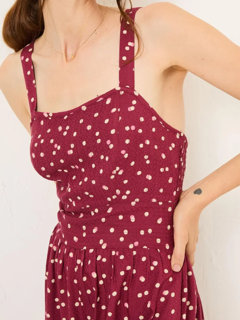 Burgundy Neckline Square Pattern Plain Jumpsuit