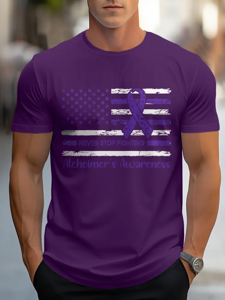 Men'S Round-Neck Short-Sleeved T-Shirt Never Stop Fighting Alzheimer'S Awareness Prints