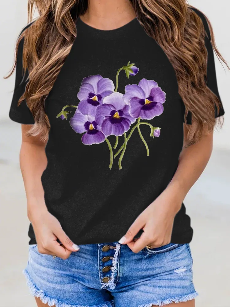 Women'S Floral Print Alzheimer'S Awareness Round-Neck Short-Sleeved T-Shirt