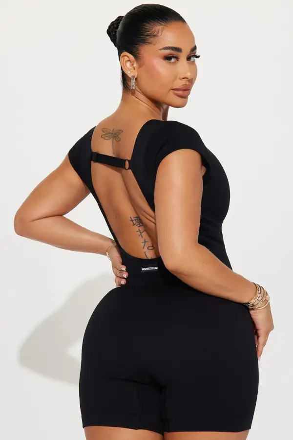 Plie Seamless Ribbed Active Romper - Black