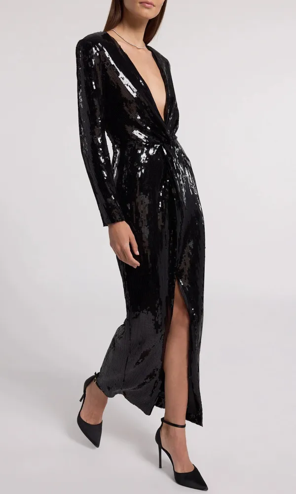 Deep V-neck Black Shiny Banquet Long Dress