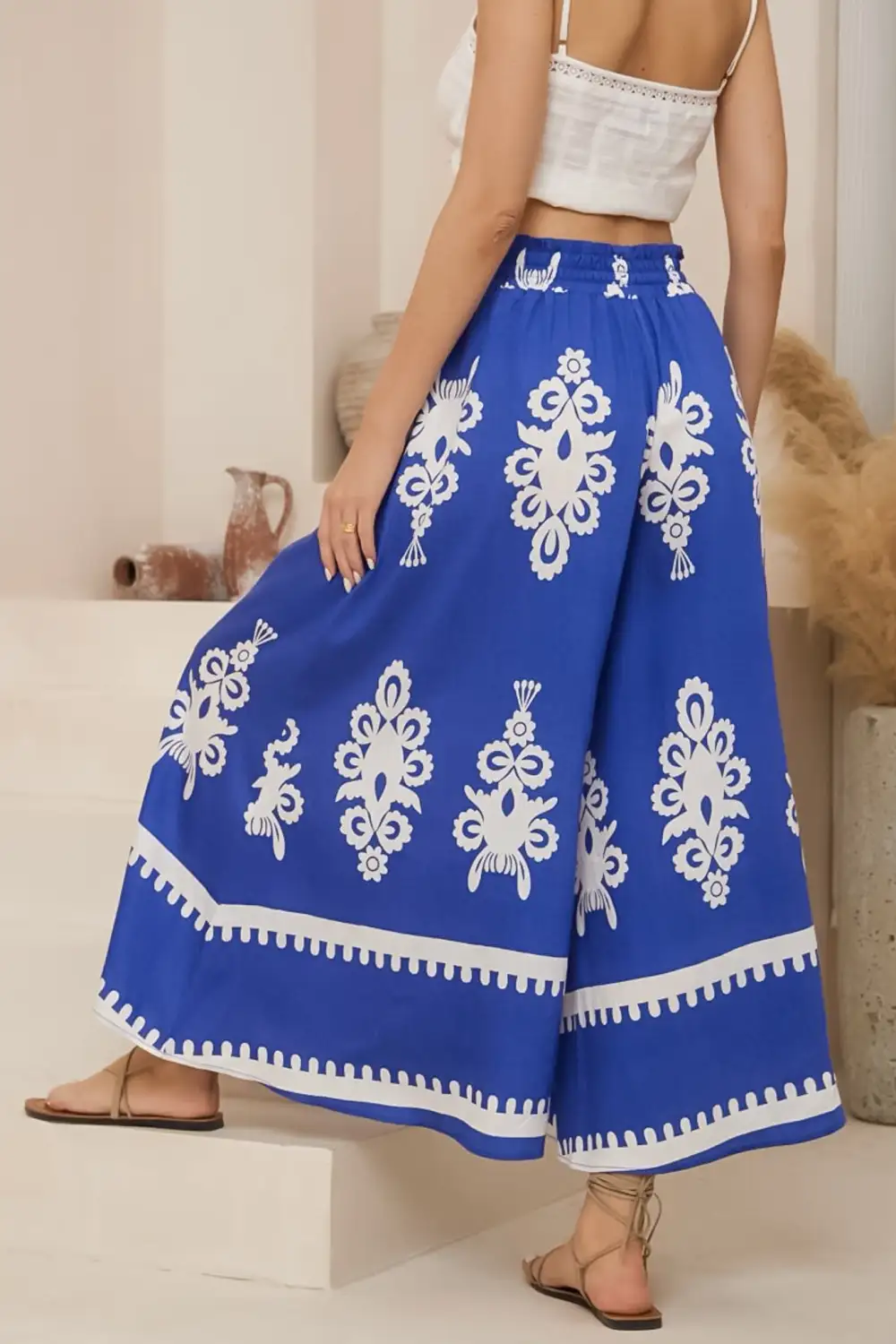 Blue Patterned High Waist Wide Leg Pants