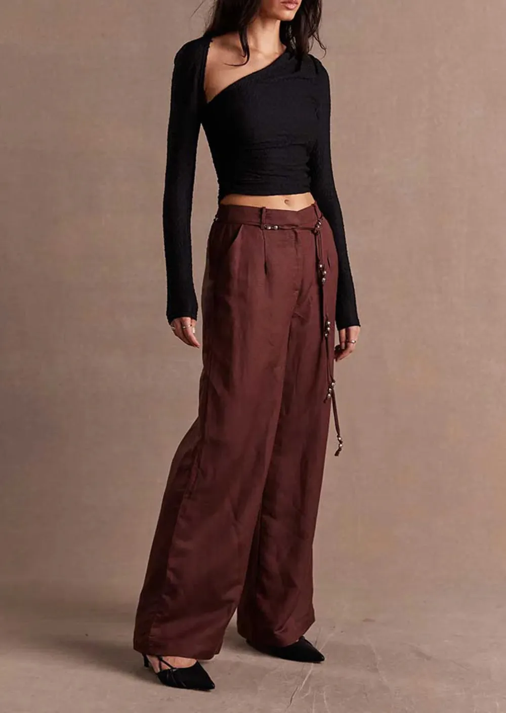Black Cropped One Shoulder Long Sleeve Top