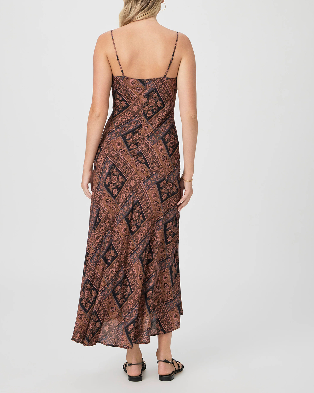 Brown And Black Geometric Print Spaghetti Strap Midi Dress