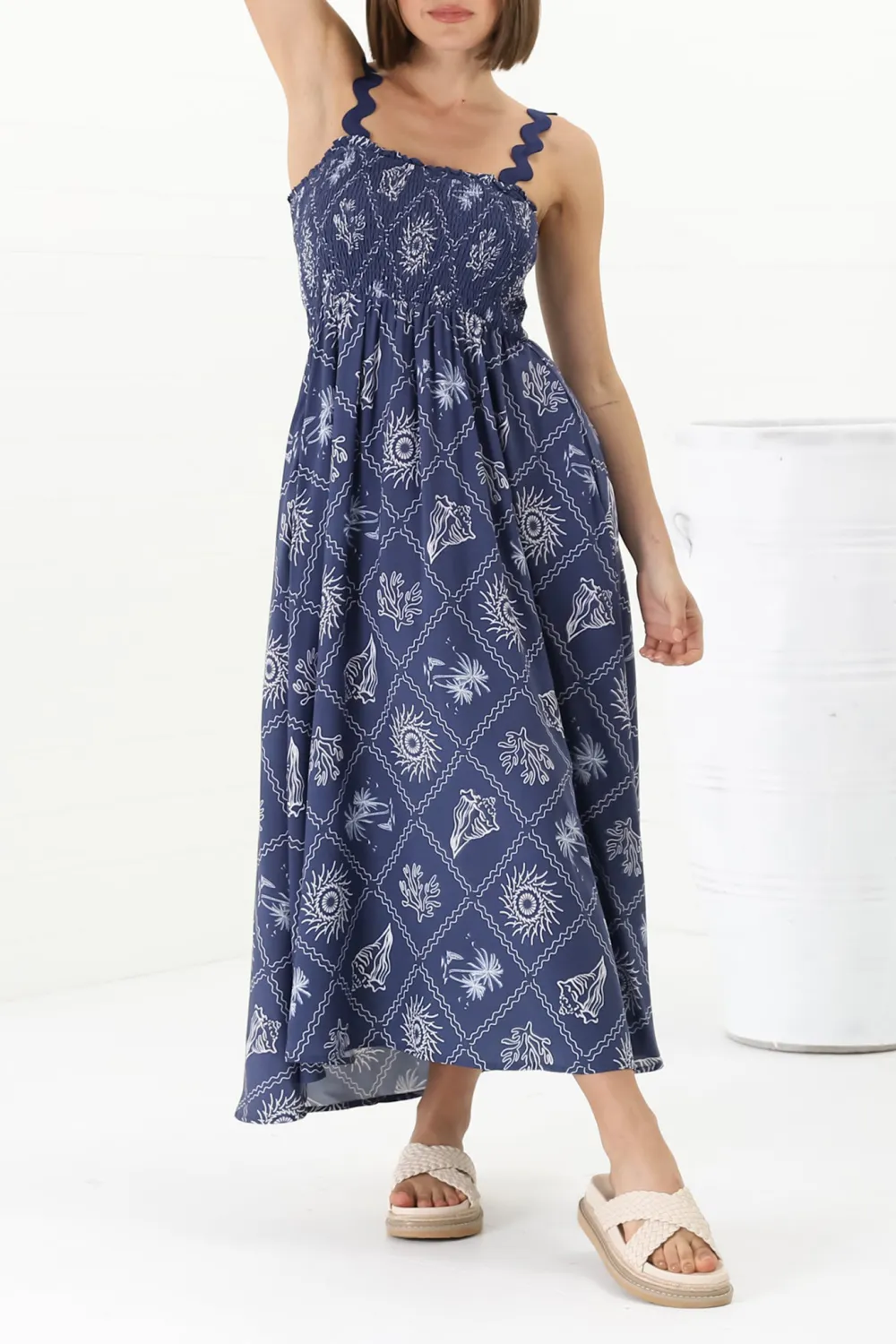 Blue Patterned Scallop Strap Midi Dress