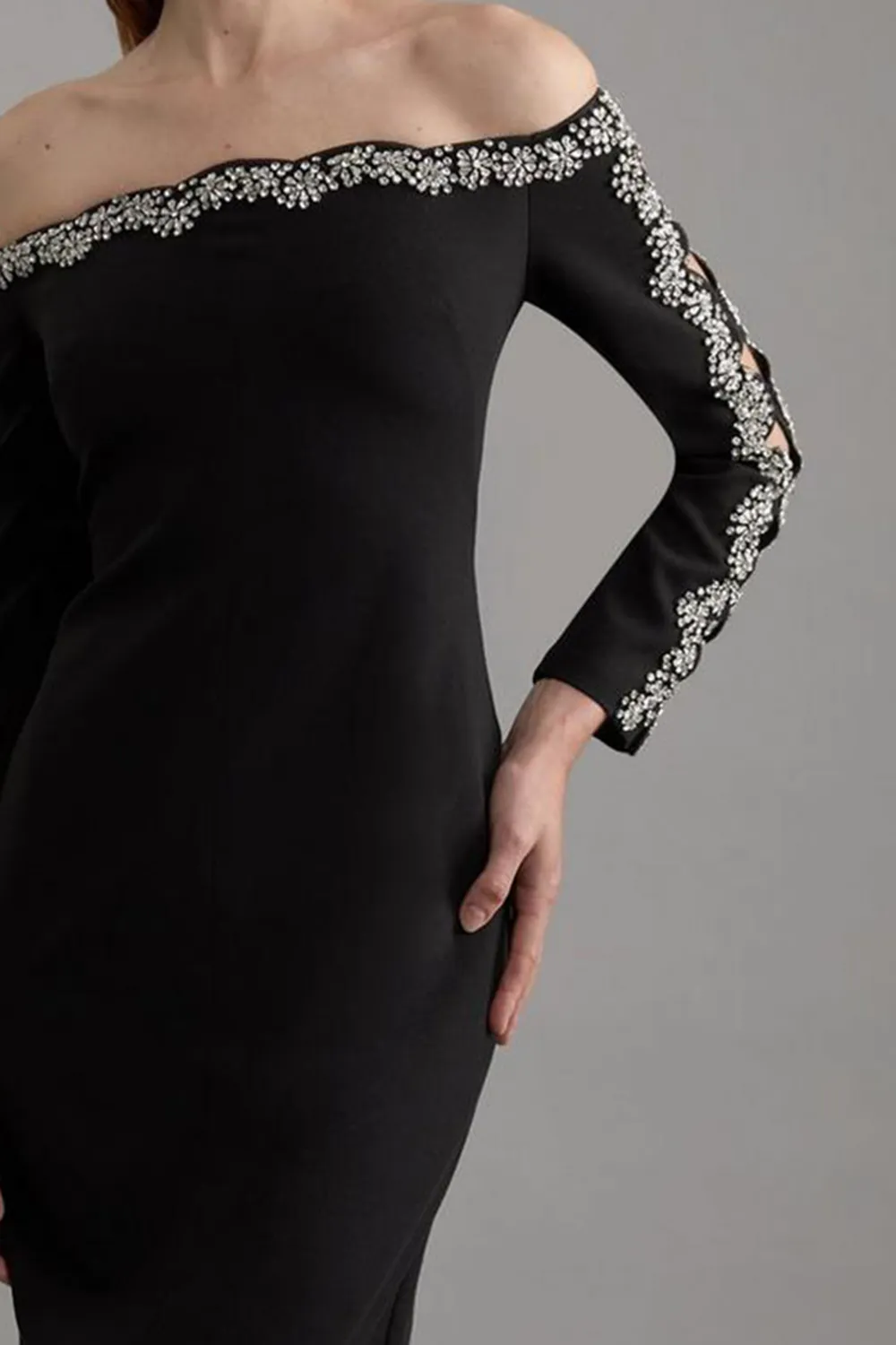 Crystal Embellished Scalloped Bardot Tailored Midaxi Dress
