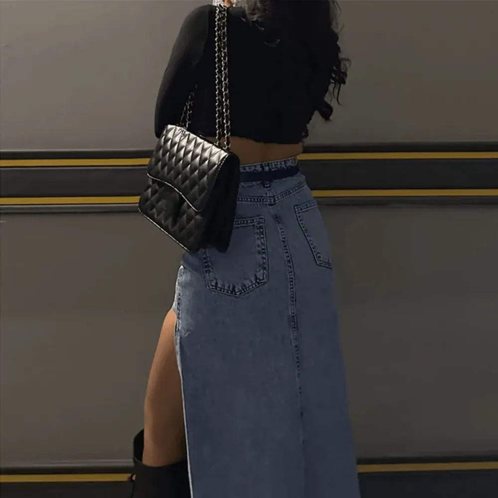 Denim High Waist Slit Midi Skirt