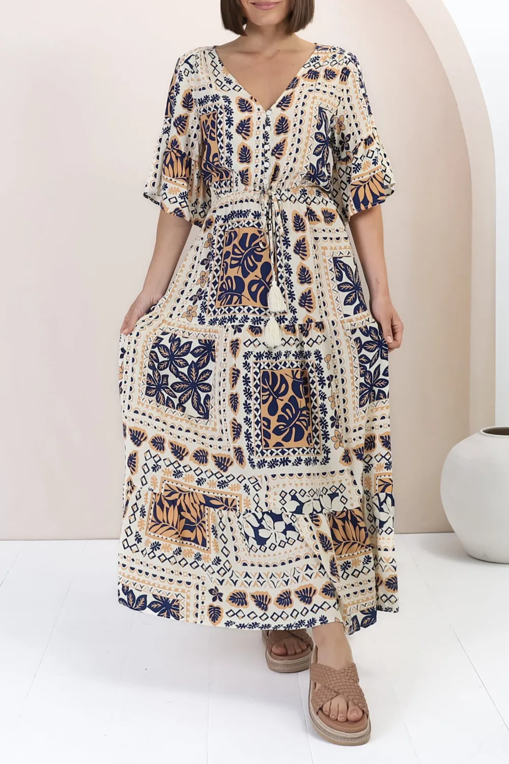 Ivory Patchwork Print Flutter Sleeve Maxi Dress