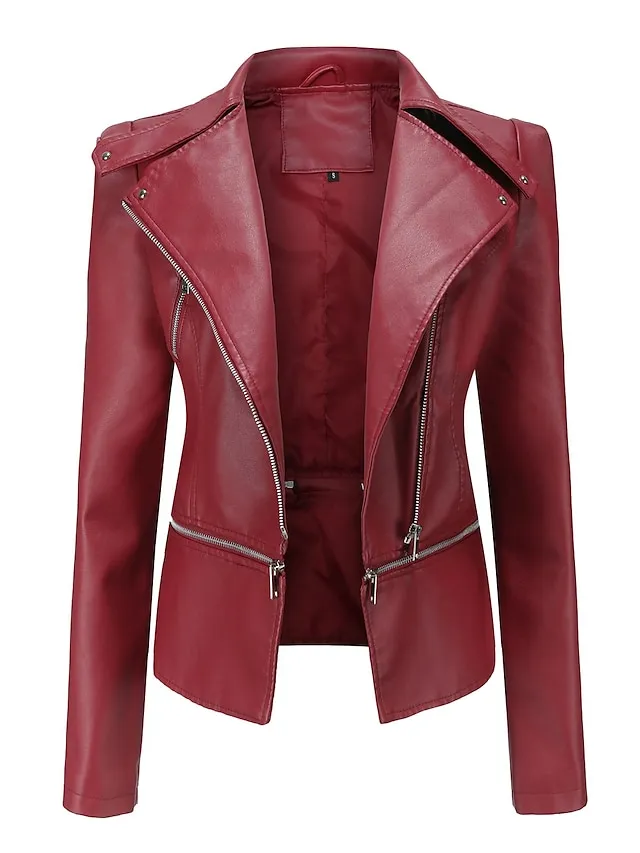 Women's Faux Leather Jacket Casual Regular Fit Outerwear Long Sleeve Winter Fall Black Wine Brown Streetwear Going out M L XL