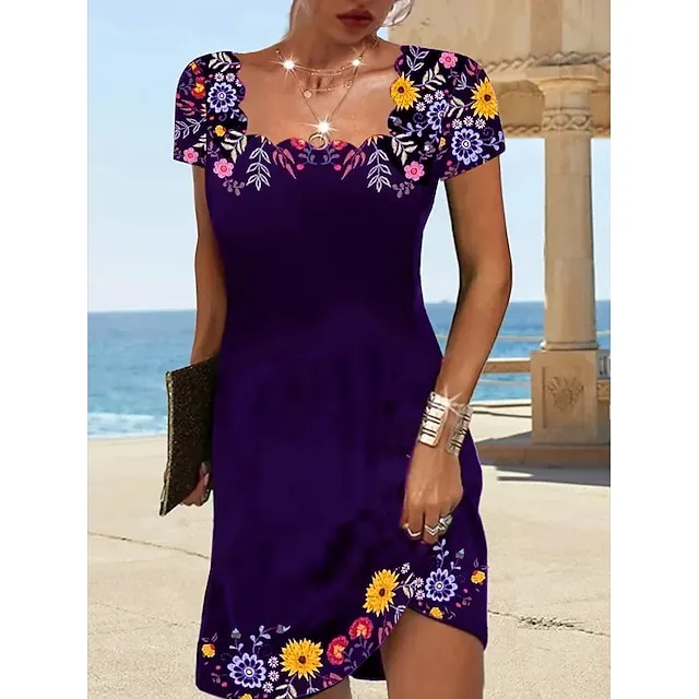 Women's Casual Dress Casual Dress Shift Dress Floral Print Ruched Print Square Neck Mini Dress Fashion Modern Daily Holiday Short Sleeve Regular Fit Black Summer Spring S M L XL XXL