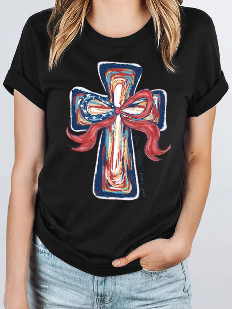 One Nation Under God Print Round-Neck Short-Sleeved T-Shirt