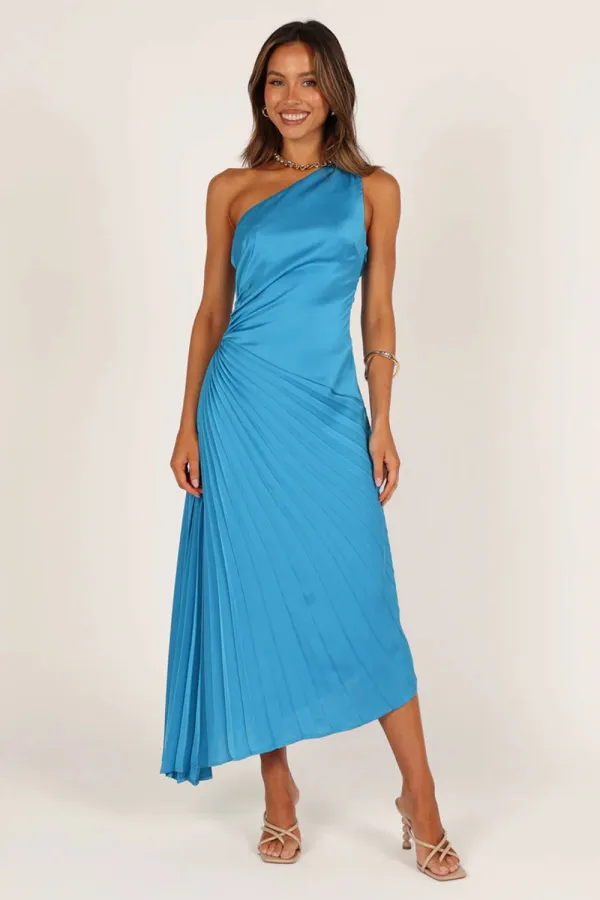 FLIN PLEATED ONE SHOULDER MIDI DRESS - BLUE
