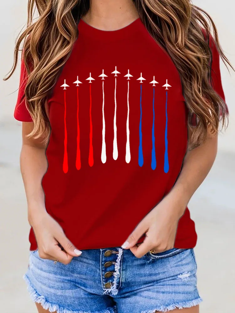 Airplane Cigarette Printed Round-Neck Short-Sleeved T-Shirt