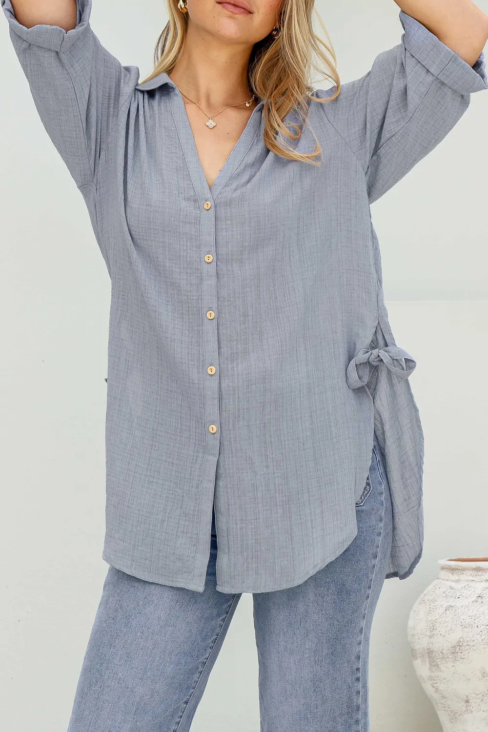 Light Blue Linen Roll Up Sleeve Shirt