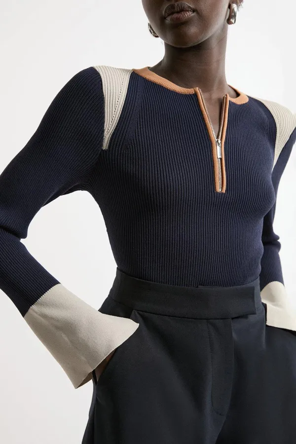 Rib Knit Half Zip Cuff Detail Top