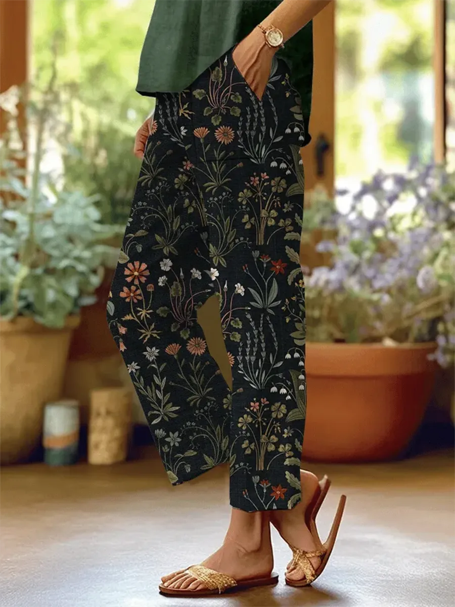 Women's Forest Floral Print Casual Pants (With Pockets)