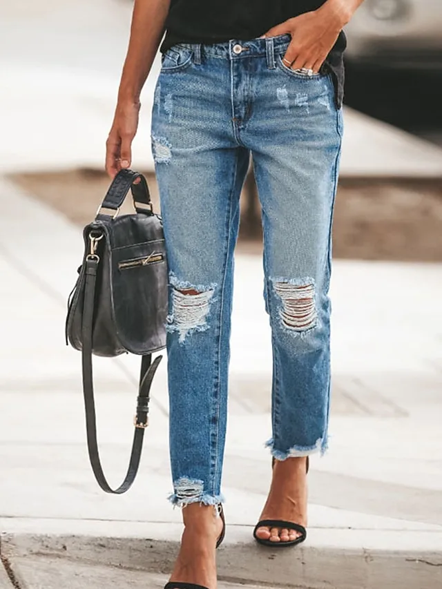 Women‘s Low Rise Jeans Pants Trousers Distressed Ankle-Length Denim Side Pockets Cut Out Micro-elastic Mid Waist Fashion Casual Weekend Black Blue S M Summer Spring & Fall