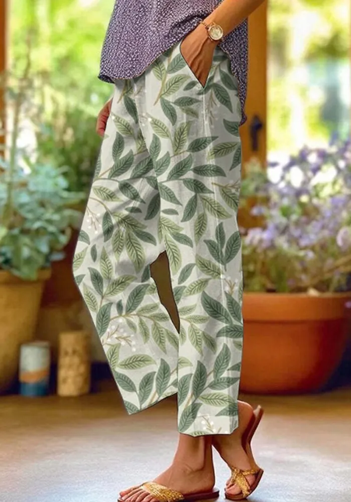 Women's Casual Green Plant Print Cotton and Linen Trousers
