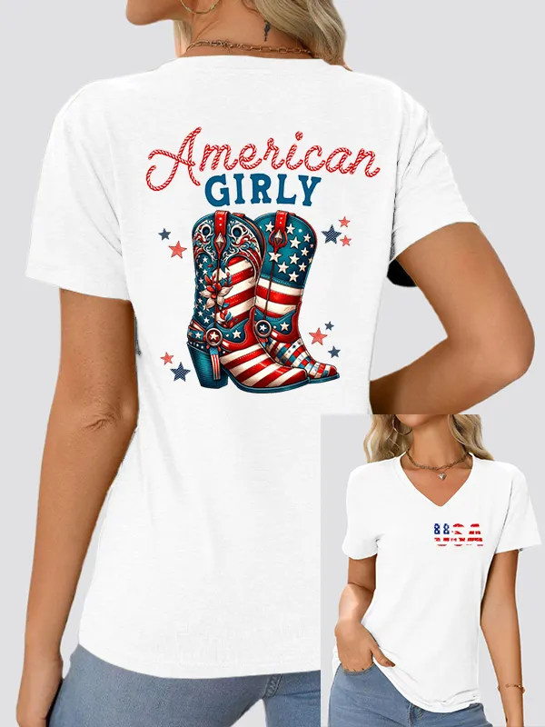 Woman'S America Girly V-Neck And Short Sleeves T-shirt