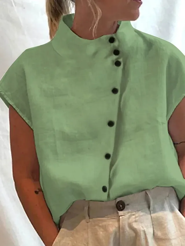 Women's Shirt Blouse Turtleneck shirt Plain Light Blue Black White Button Short Sleeve Casual Fashion Basic Elegant Standing Collar Regular Fit