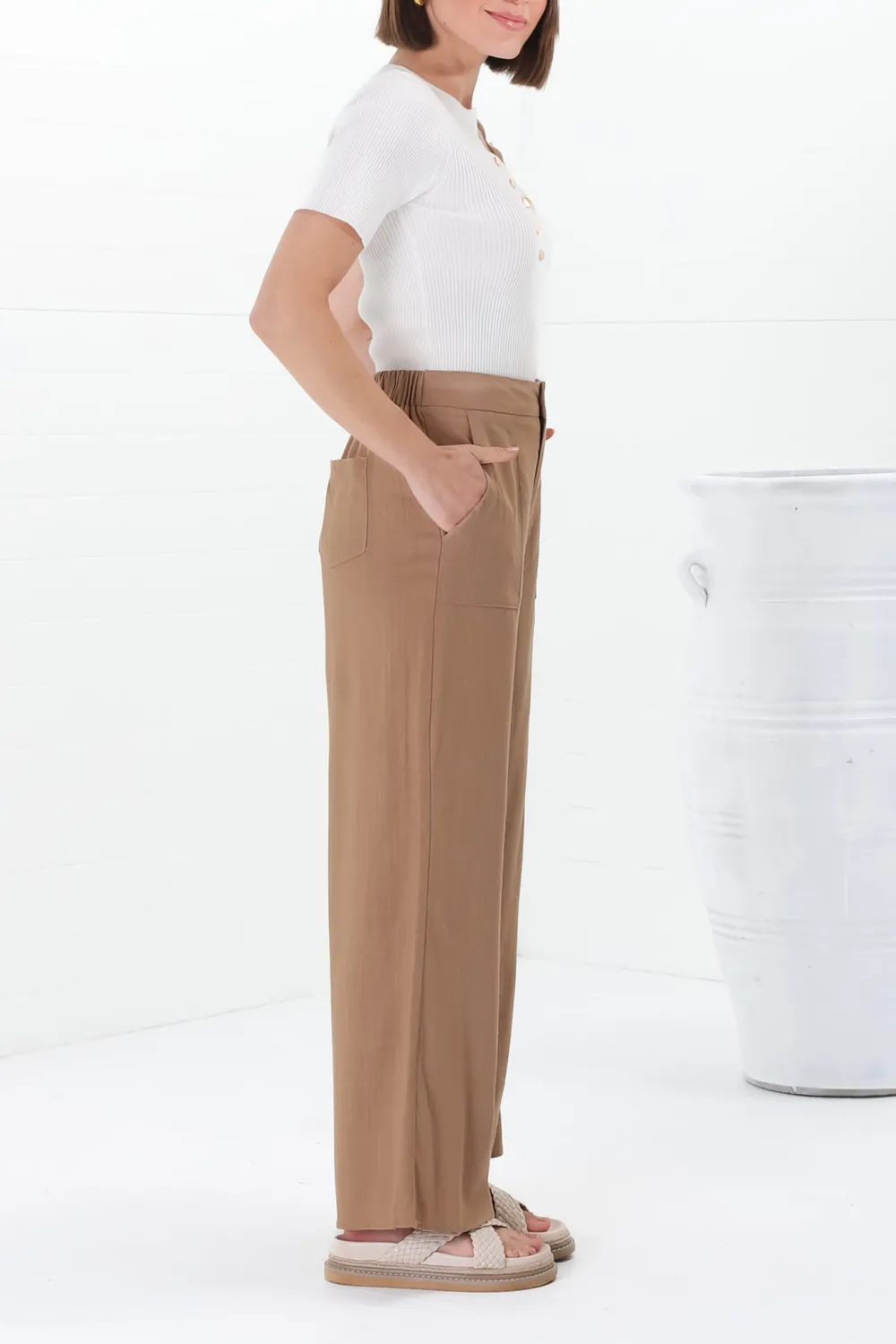 Tan High Waist Wide Leg Casual Pants