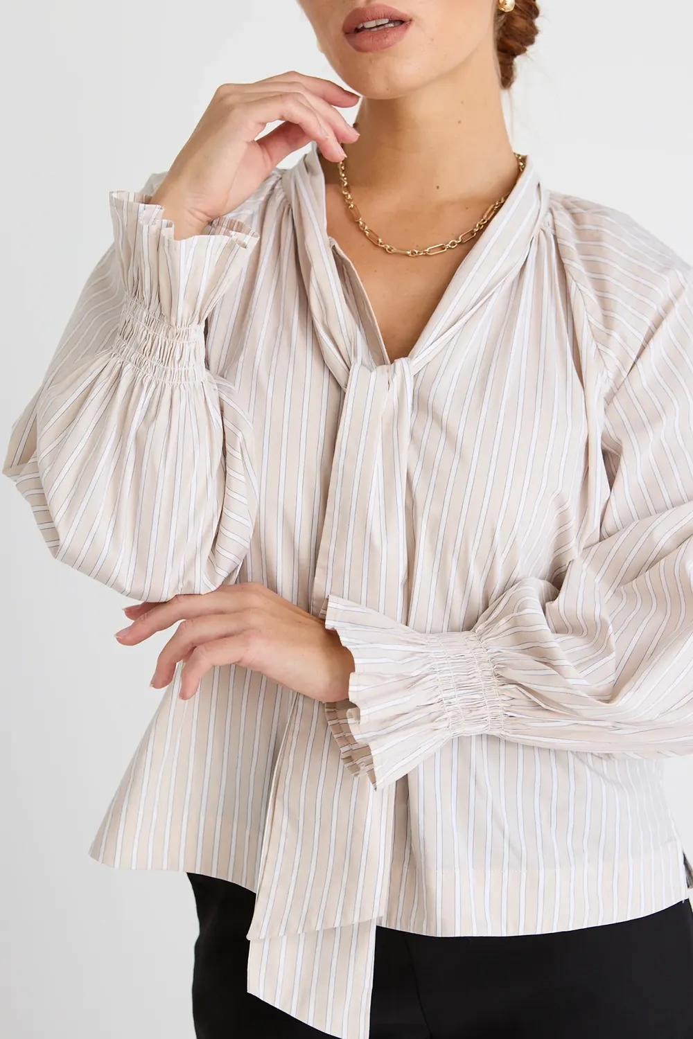Ecru Stripe Tie Front Blouse