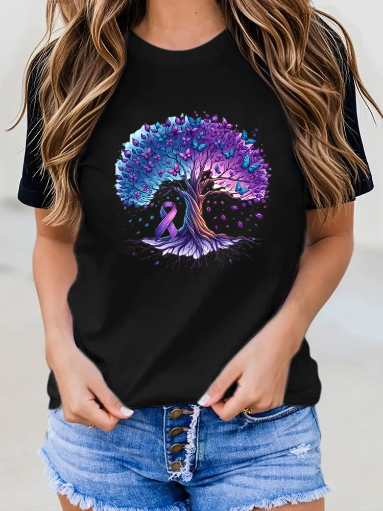 Women'S Round-Neck T-Shirt Alzheimer'S Awareness Butterfly Tree Prints
