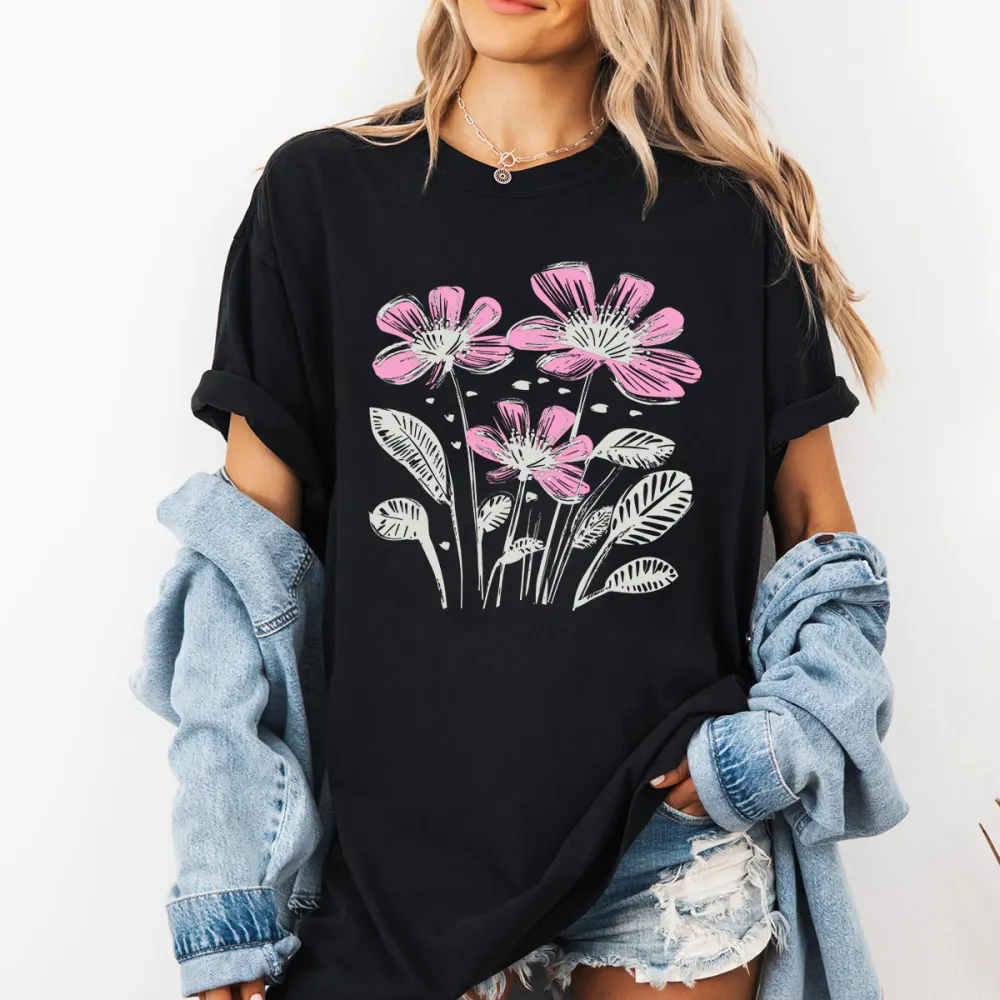 Hand Drawn Pink Simple Floral Pattern Casual T-Shirt