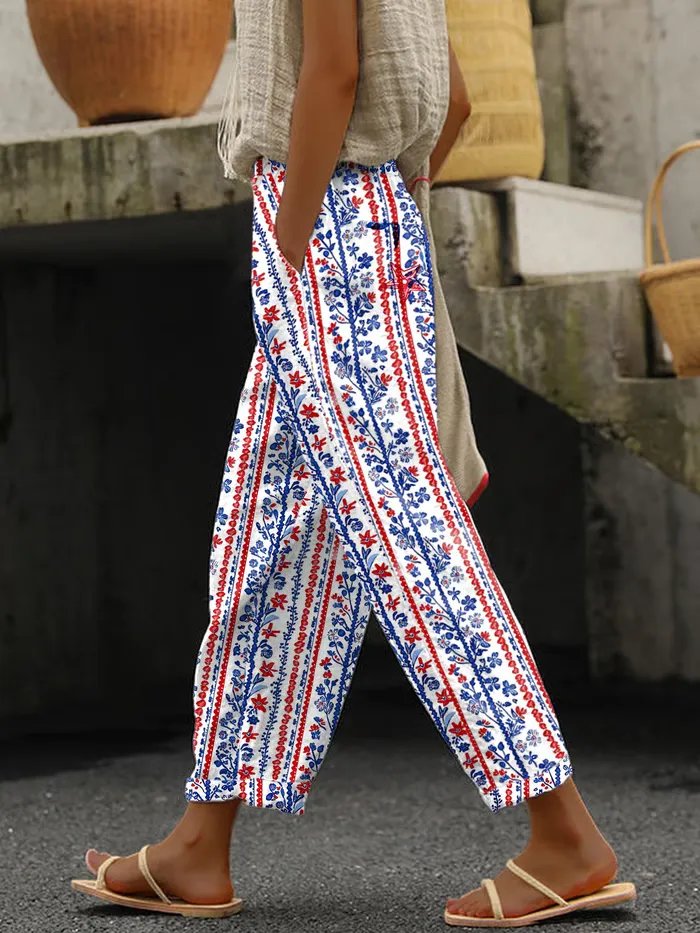 Women'S Flower Print Pocket Trousers