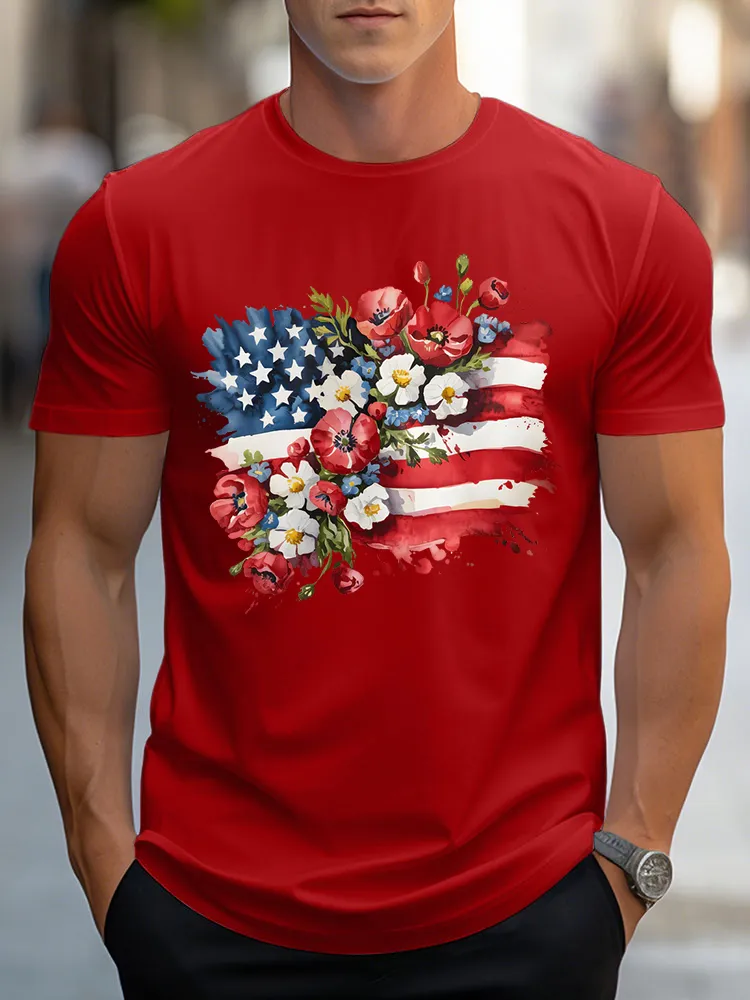 Men's Independence Day Flowers Round-Neck Short-Sleeved T-Shirt