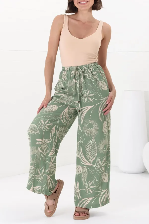 Green Leaf Print High Waist Wide Leg Pants