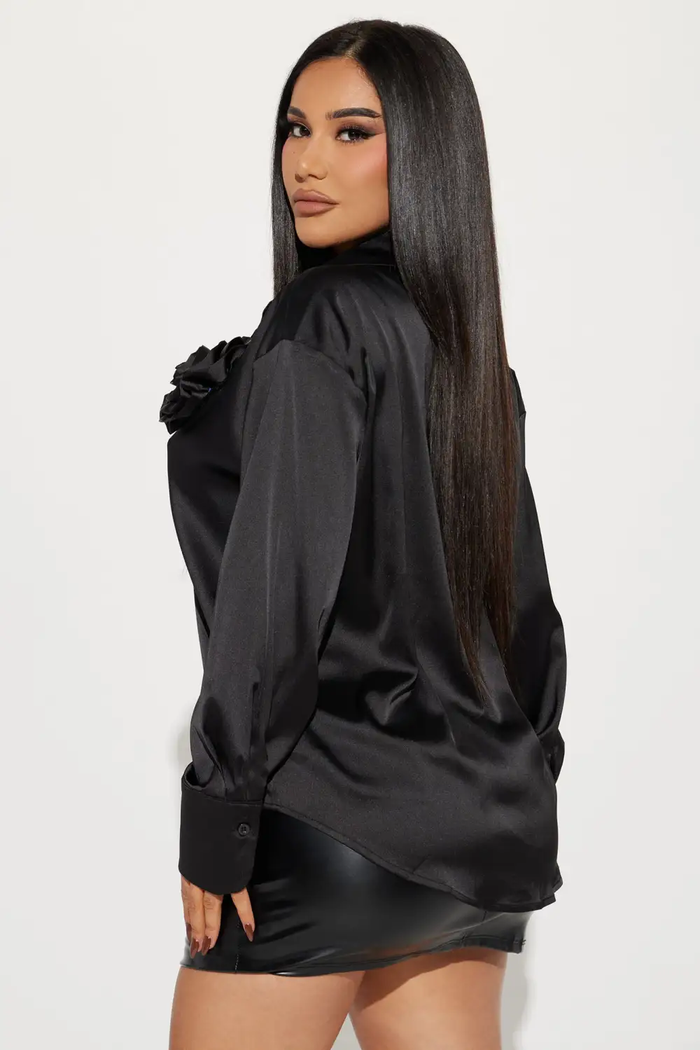 Rosey Girl Satin Shirt - Black