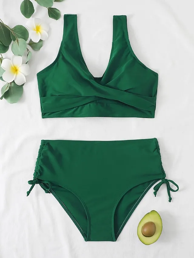 Women's Swimwear Bikini 2 Piece Normal Swimsuit Pleated 2 Piece High Waist Open Back Sexy Pure Color Black Red Fuchsia Green Padded V Wire Bathing Suits Sexy Vacation Stylish