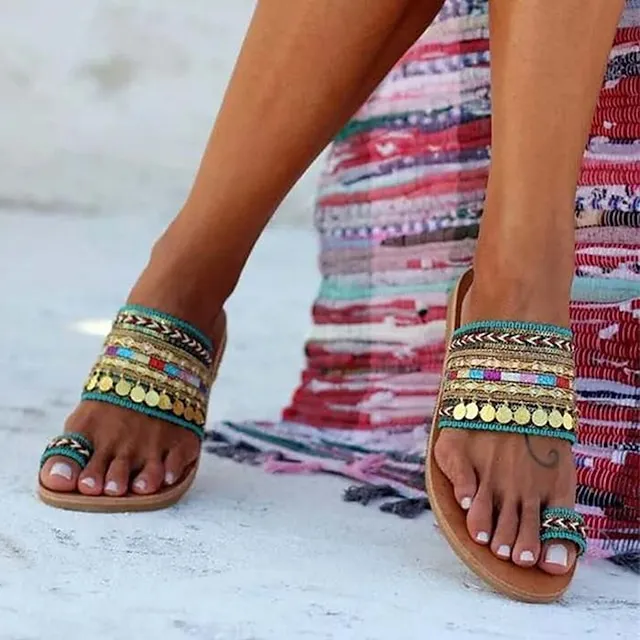 Women's Sandals Boho Bohemia Beach Flat Sandals Outdoor Slippers Outdoor Daily Beach Summer Sequin Flat Heel Open Toe Vintage Casual Minimalism Polyester Loafer Striped Black Red Green