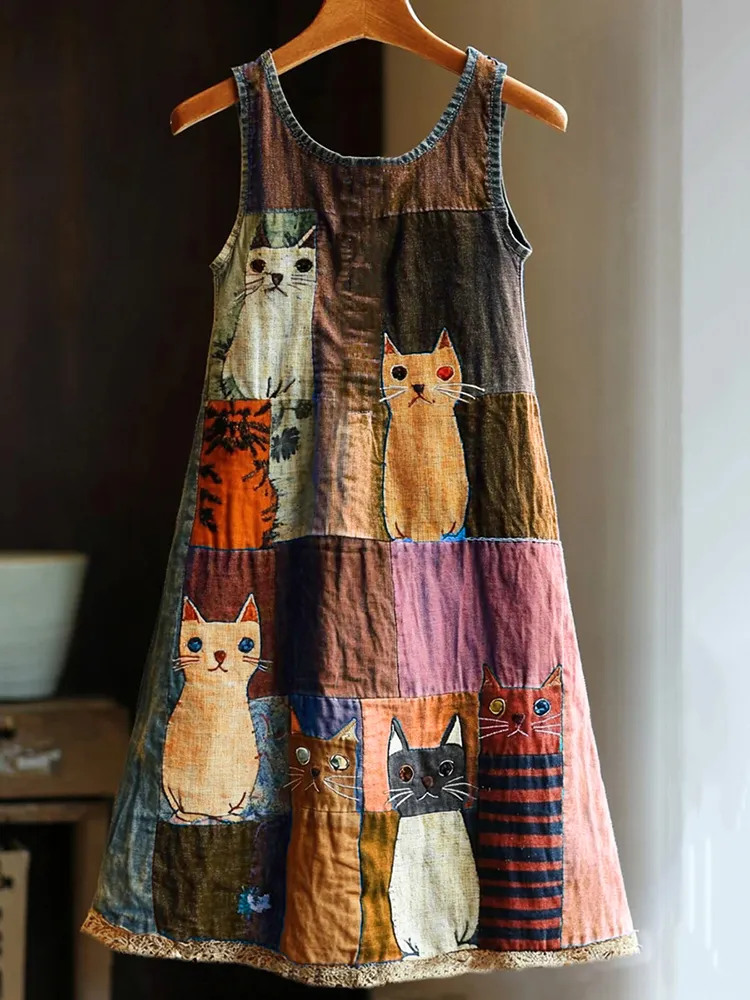 Casual Pop Art Patchwork Denim Cat Dress