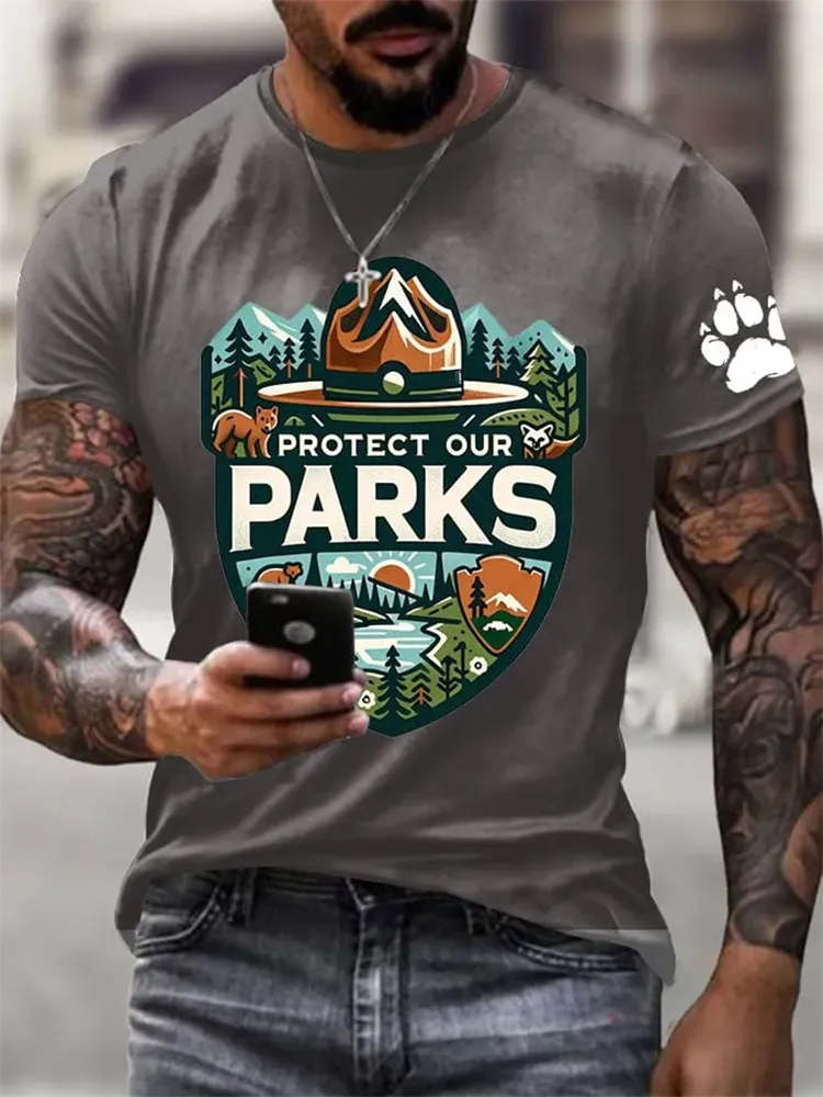 Men'S Protect Our National Parks Printed Round Neck T-Shirt