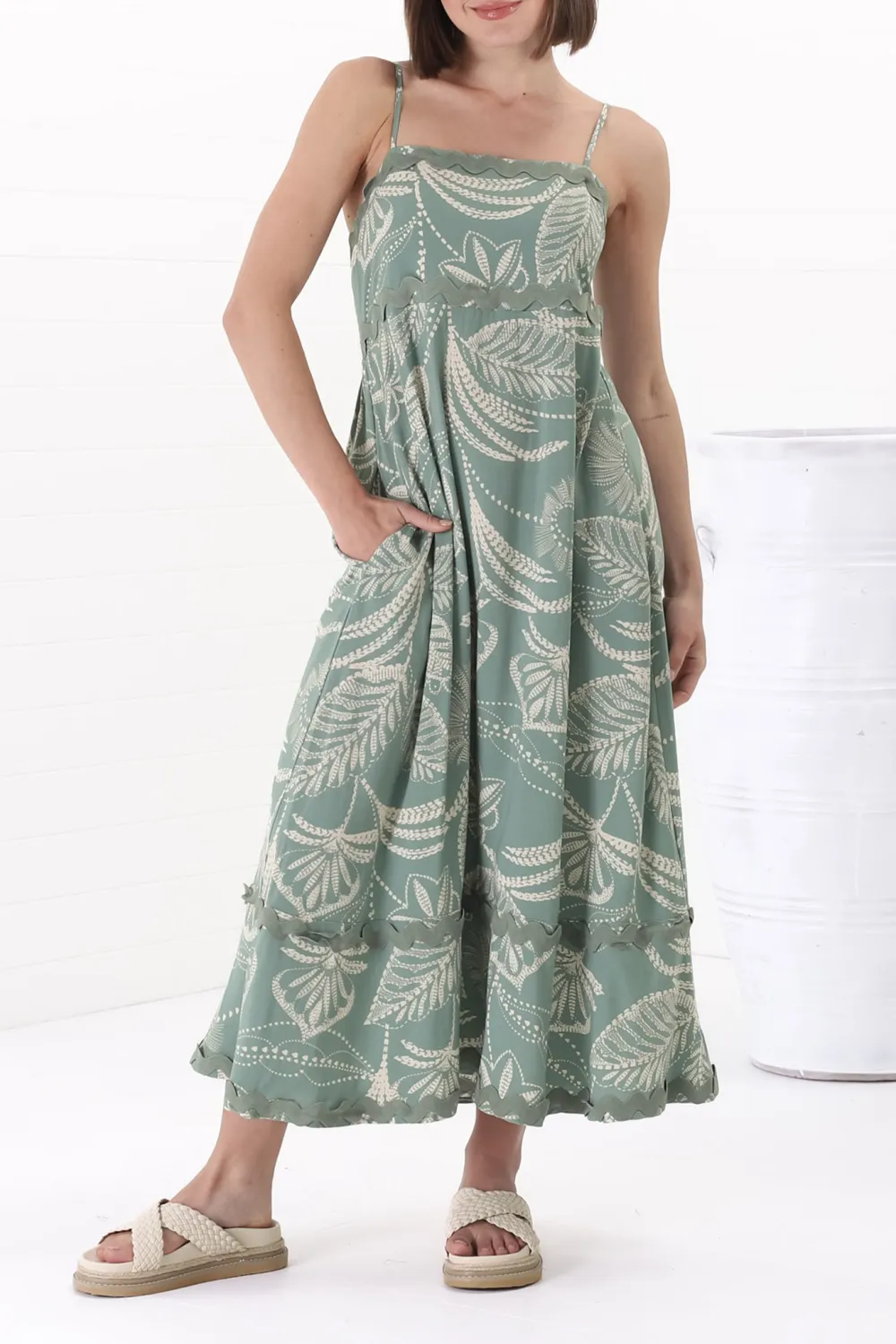 Light Green Leaf Print Slip Maxi Dress