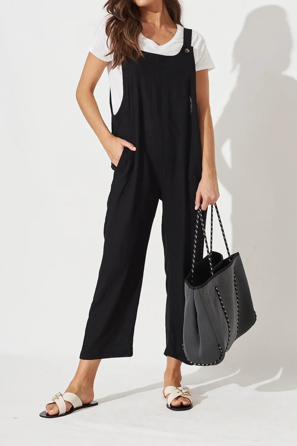 Black Short Sleeve Overalls Wide Leg Jumpsuit