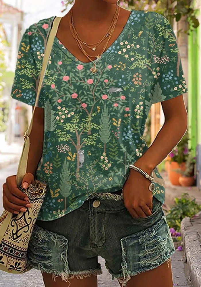 Women's Casual Plant Print Short Sleeve V Neck T-Shirt
