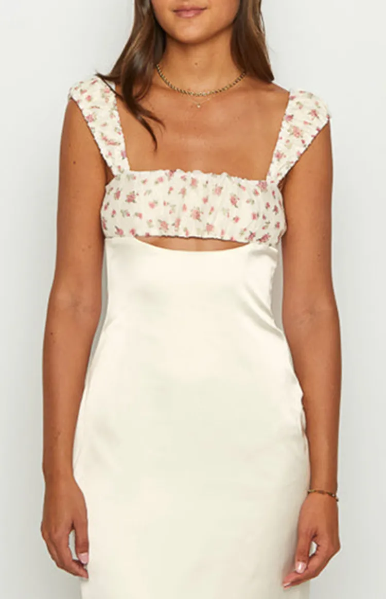 Cream Satin Square Neck Maxi Dress