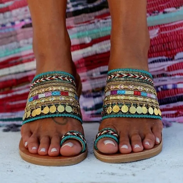 Women's Sandals Boho Bohemia Beach Flat Sandals Outdoor Slippers Outdoor Daily Beach Summer Sequin Flat Heel Open Toe Vintage Casual Minimalism Polyester Loafer Striped Black Red Green