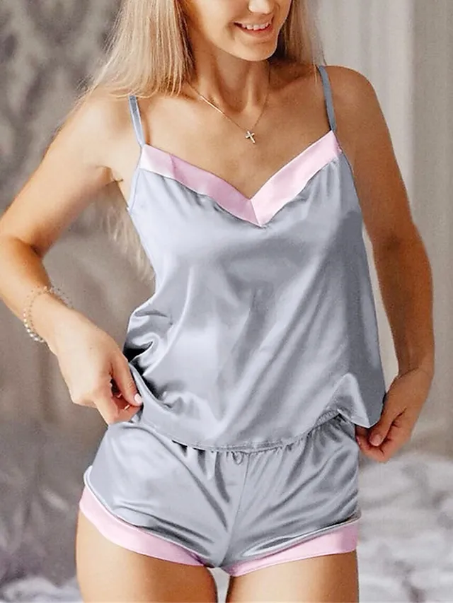 Women's Pajamas Pajama Top and Pant Sets Pure Color Fashion Casual Soft Home Daily Bed Satin Breathable Straps Sleeveless Strap Top Shorts Backless Summer Spring Silver Black