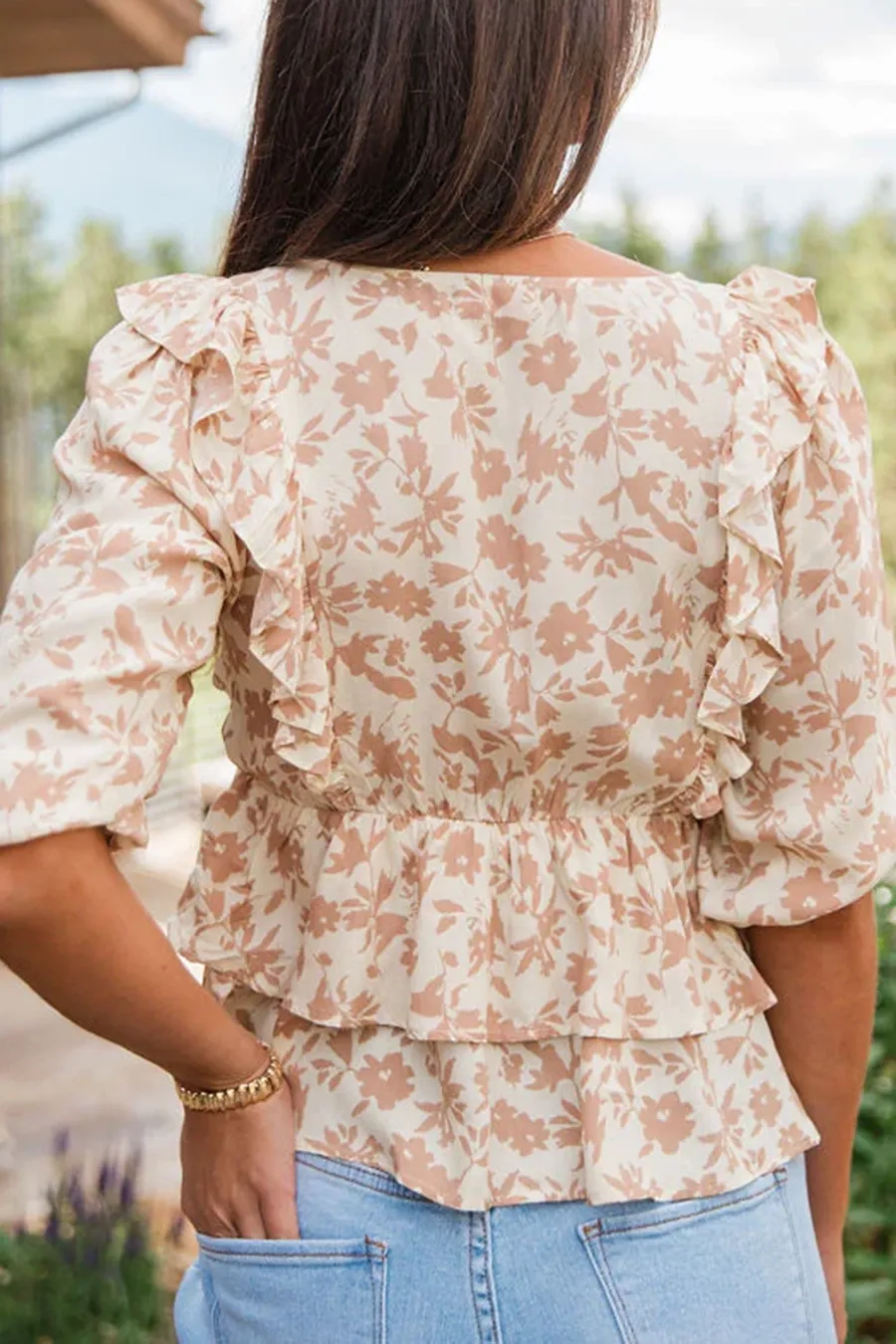 Tan Ruffle Detail Floral Blouse