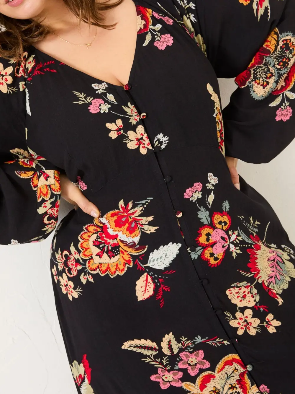 Black Floral Long Sleeve Midi Dress