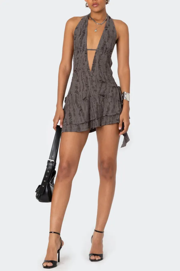 Deep V Backless Halter Mini Dress